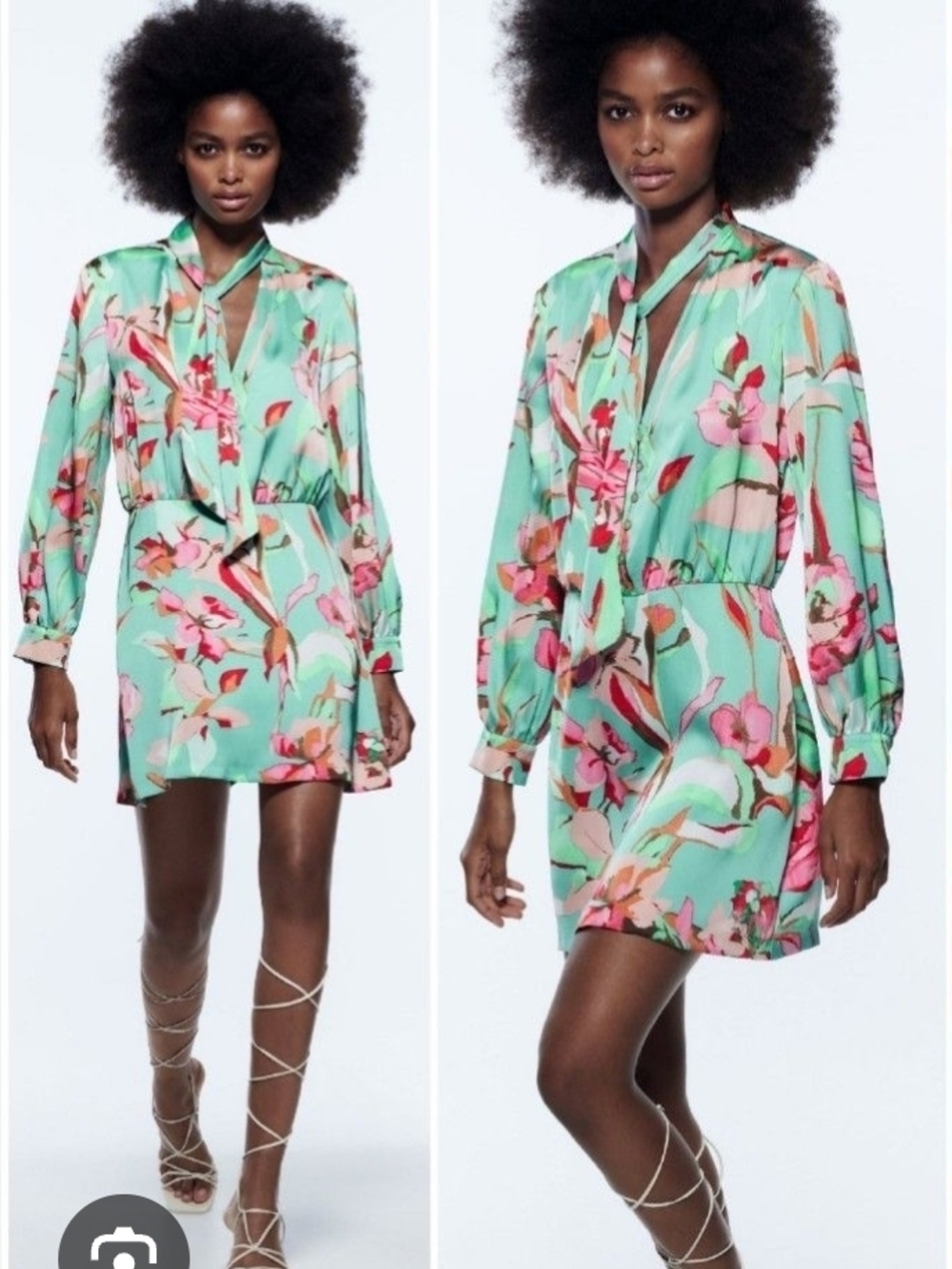 Zara Satin Mint Floral Tie-Neck Mini Dress with Pink Accents